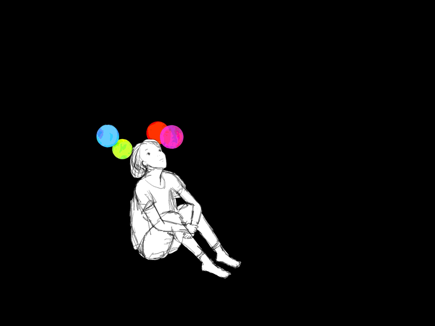 Animated sketch of a seated figure looking up at colorful glowing orbs floating above their head