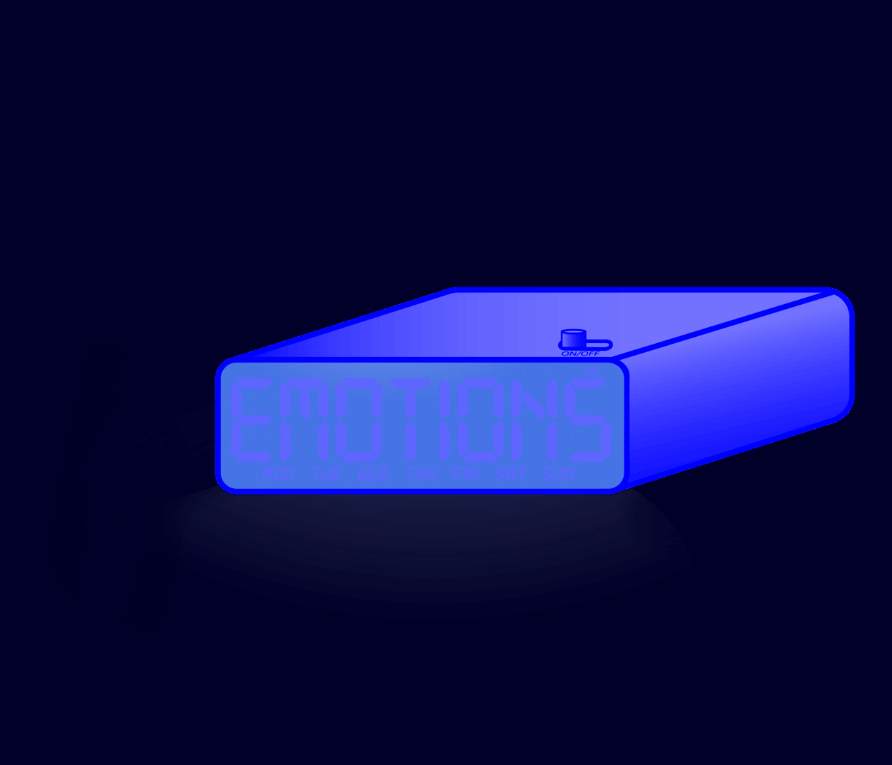 Animation of a glowing blue digital alarm clock whose display reads 'EMOTIONS'