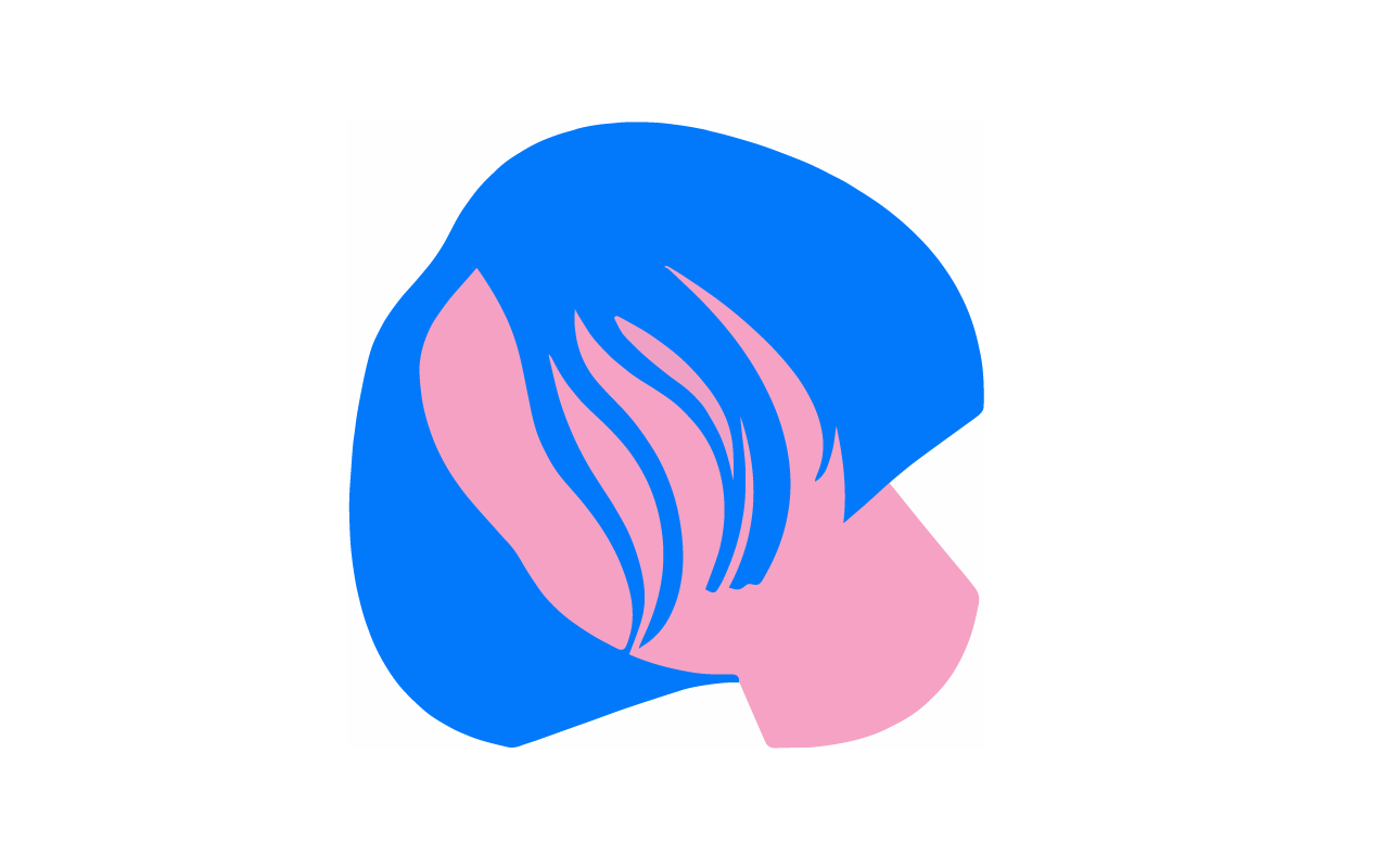 Abstract illustration of a head in profile with pink skin and flowing blue hair
