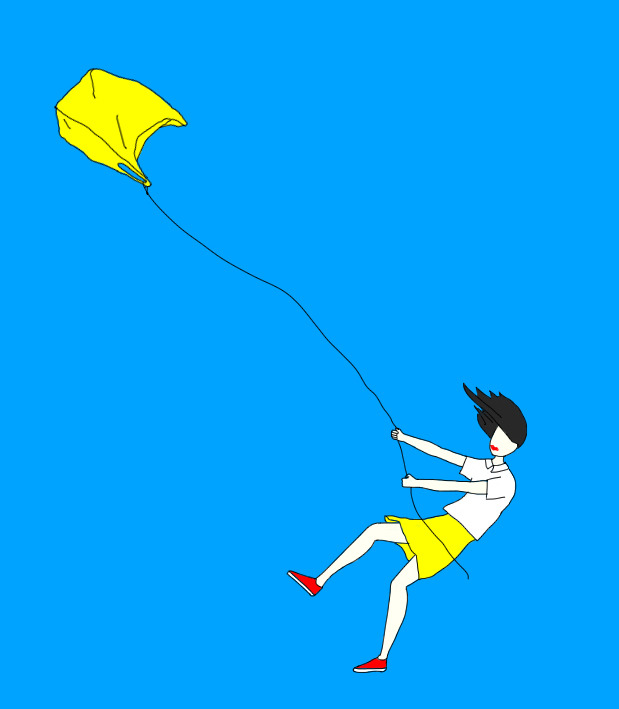 Illustration of a figure being lifted into a blue sky while holding onto a yellow plastic-bag kite
