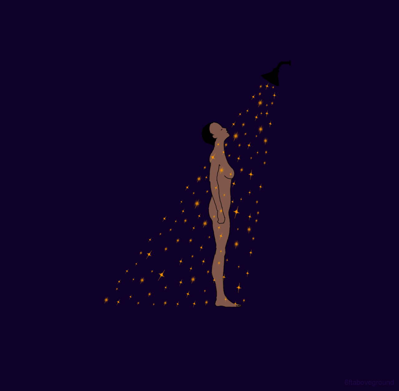 Animation of a figure showering in a stream of glowing stars against a dark purple background