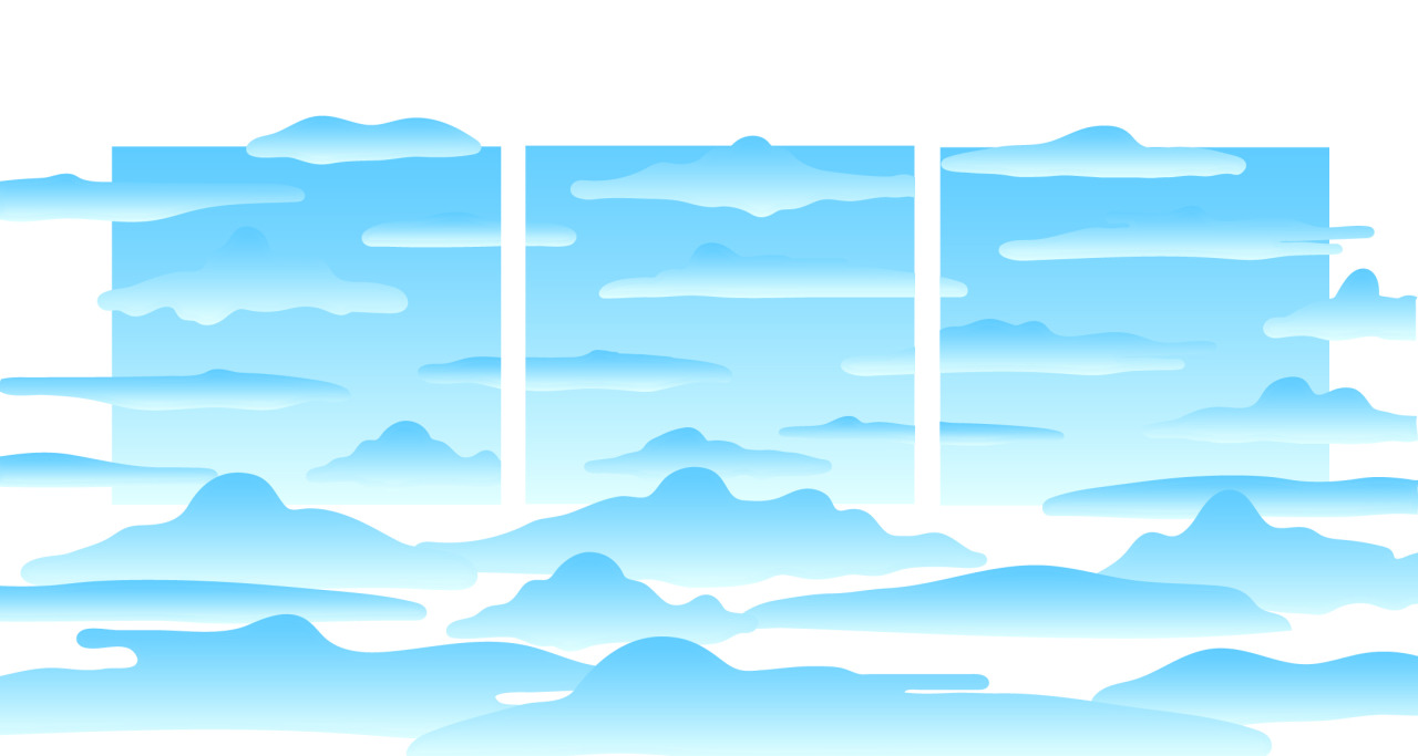 Illustration of soft blue clouds drifting through and around three tall window panes